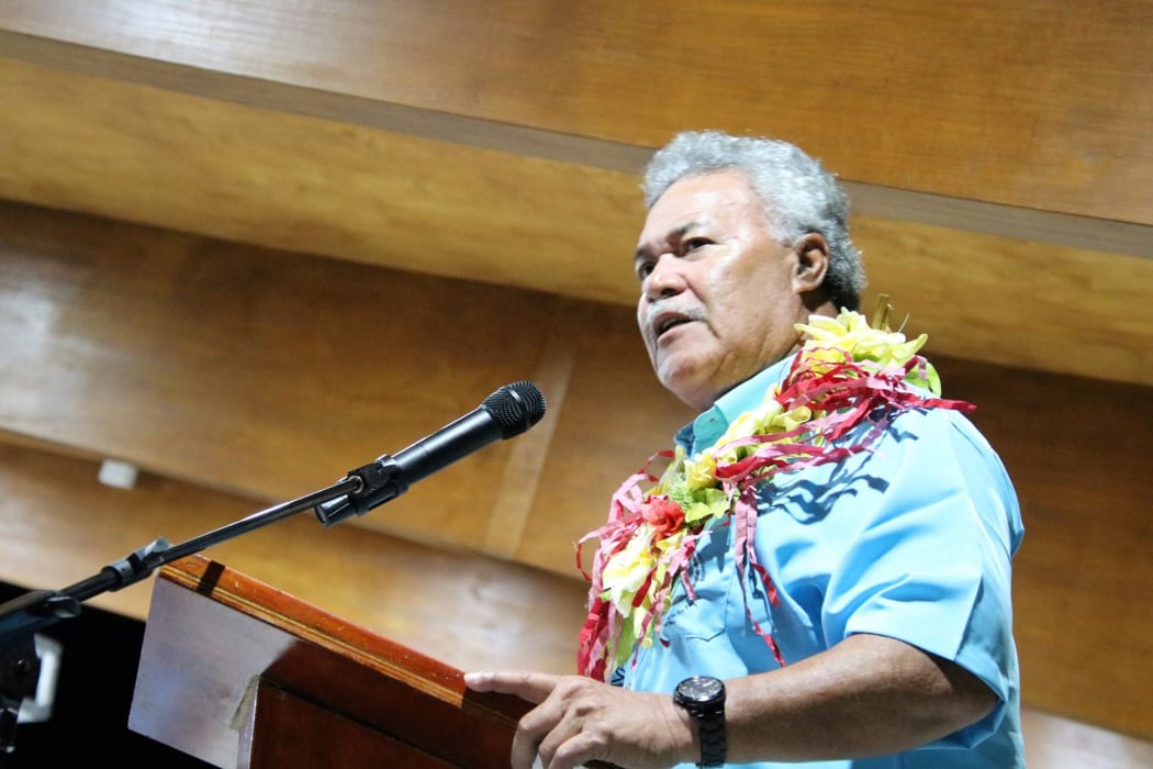 Tuvalu's prime minister Enele Sopoaga speaking at the opening of the Pacific Islands Forum meeting in Funafuti. August 2019