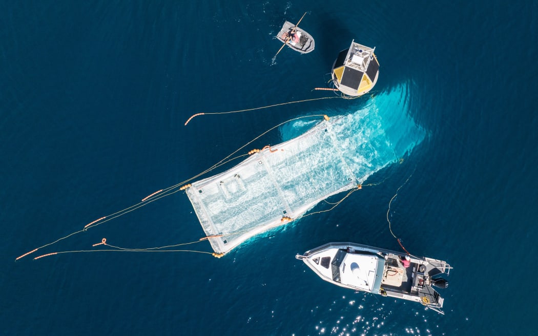 A birds eye view of Plant & Food Research's open ocean aquaculture prototype near Rangitoto ki te Tonga, D’Urville Island at the top of the South Island.