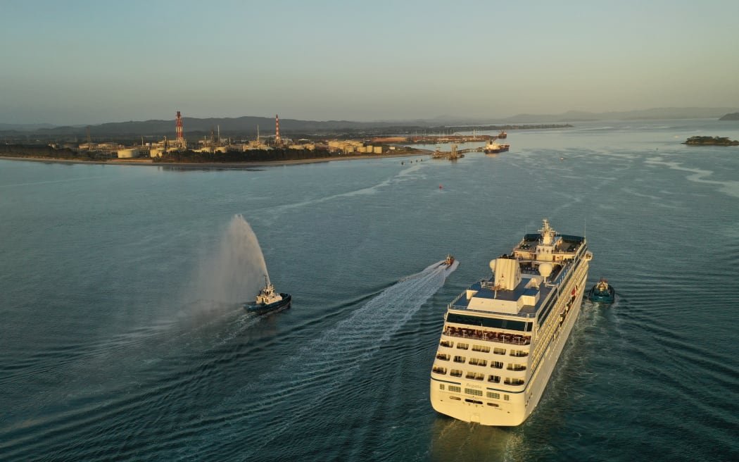 The MV Regatta, Whangārei's first cruise ship, arrives at Northport in February this year, with the former Marsden Point oil refinery on the left.