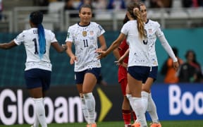 Sophia Smith (11) celebrates scoring her team's second goal against Vietnam at Eden Park.