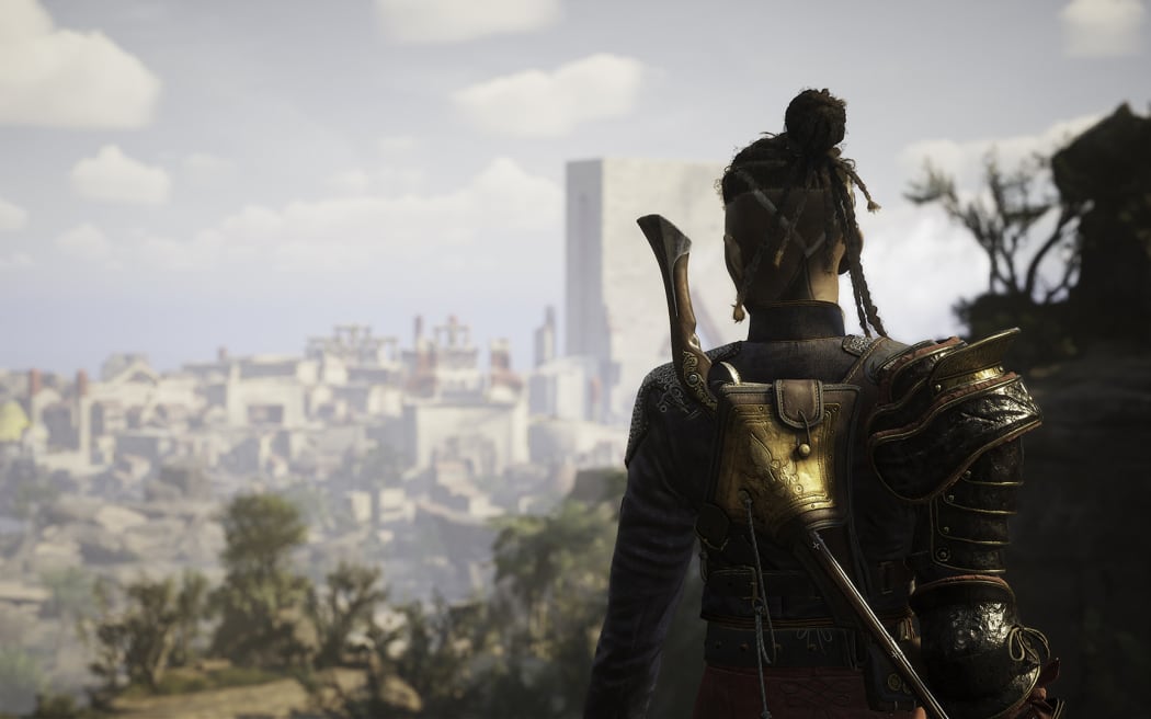 A character from the video game Flintlock produced by New Zealand video game studio A44 looks over a city.