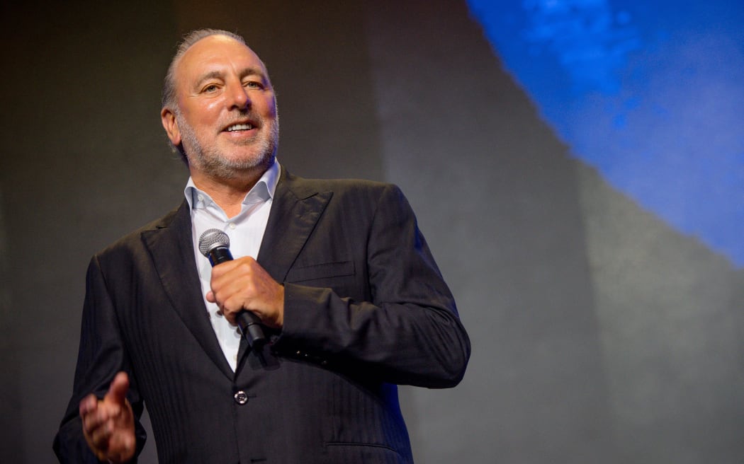 ATLANTA, GEORGIA - JUNE 06: Global Senior Pastor Brian Houston speaks on stage during the Hillsong Atlanta grand opening at Hillsong Atlanta on June 06, 2021 in Atlanta, Georgia.