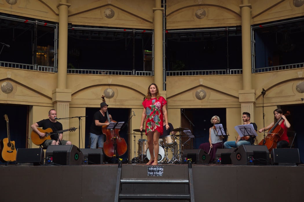 Maisey Rika in rehearsal for Play On at Auckland's Pop-up Globe