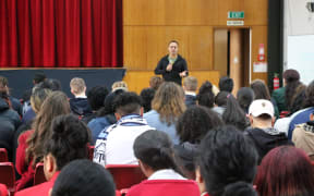 Students in Porirua listen to Damon Salesa talking about New Zealand and the Pacific.