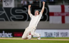 Todd Astle celebrates taking the final wicket of James Anderson in New Zealand's first test win.