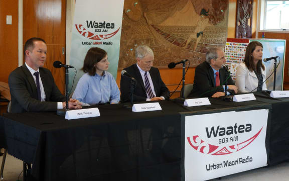Mayoral candidates Mark Thomas, Chloe Swarbrick, Phil Goff, John Palino and Vic Crone at the Radio Waatea debate in Mangere.