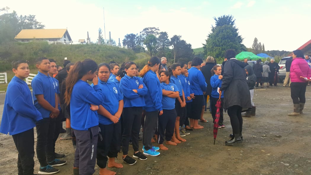 Te Kura o Hiruharama children gather at marae gates