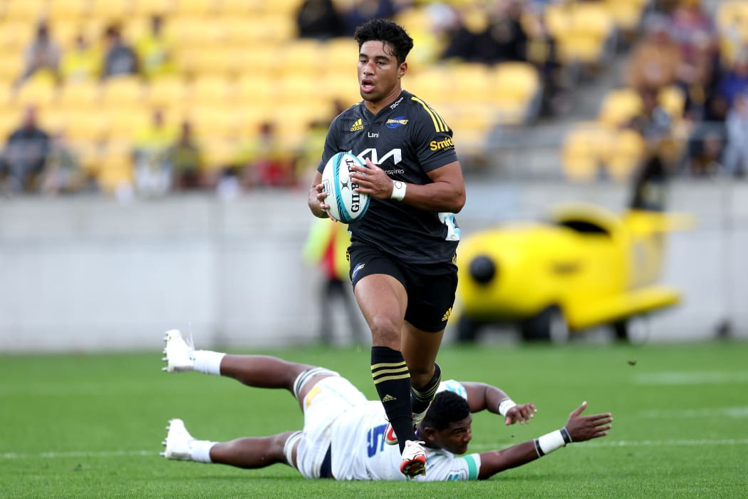 Hurricanes Salesi Rayasi and Fijian Dura  Sorovakatini Tuifagalele (Back) during the Super Rugby Pacific - Hurricanes v Fiji Drua at Sky Stadium in Wellington. 8 May 2022.