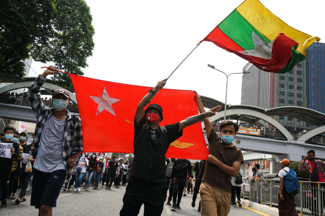 Thousands of people rally against Military Junta, near Sule pagoda in Yangon, Myanmar
