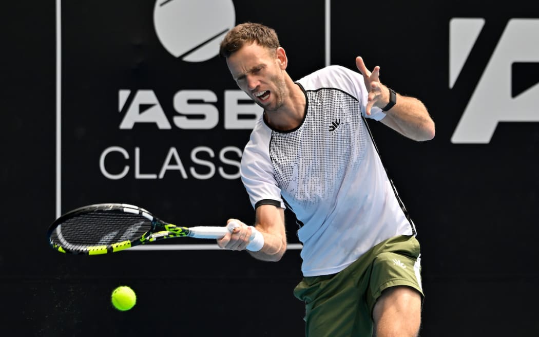 Michael Venus of New Zealand during practice ahead of the 2025 Men’s ASB Classic.