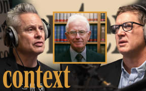 Guyon Espiner is wearing headphones positioned on the left of the image looking to the right. Corin Dann is wearing headphones on the right of the image looking towards the left. In the middle of the image is a yellow square featuring a picture of Sir Michael Cullen. In the bottom left hand corner is the logo for the podcast series 'Context' in mustard yellow.