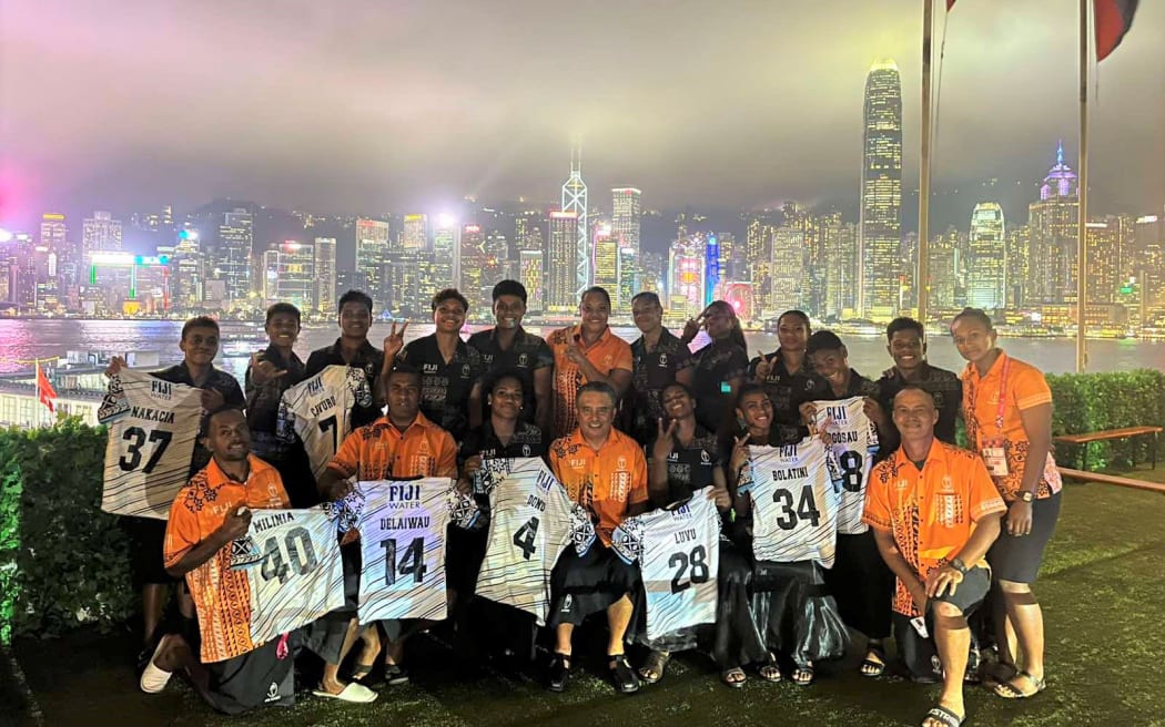 The Fiji women's team at the Hong Kong sevens, with team officials.