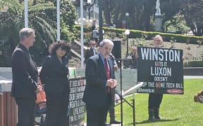 New Zealand First leader Winston Peters spoke to hundreds of people gathered on Parliament's lawn urging the government to drop the Gene Technology Bill.