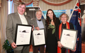 Wystan Curnow, Michael Harlow and Renee receiving Prime Minister Literary Achievement Awards.