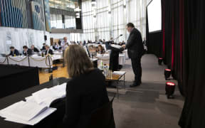 140520 BUDGET 2020 POOL PHOTO 
Finance Minister Grant Robertson delivers 2020 Budget to media in lockup @ banquet hall parliament Wellington  first day Covid level 2
Pictured: Grant Robertson MOF