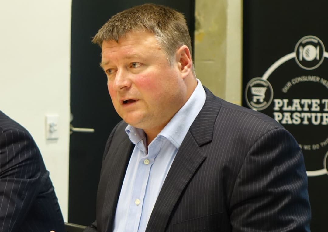 Silver Fern Farms chairman Rob Hewett (right) and chief executive Dean Hamilton, at today's press conference at the company's Dunedin headquarters.