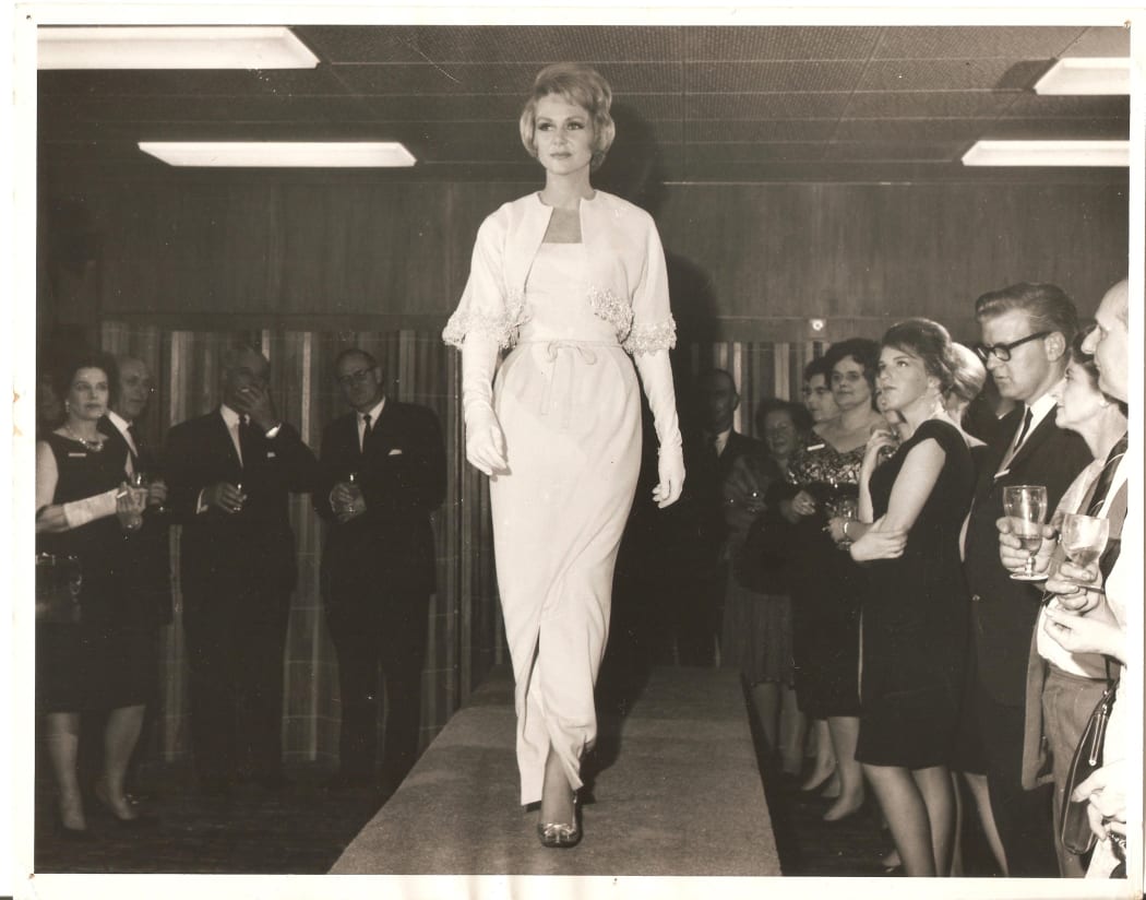 Babs Radon Wellington parade for Australian fashion buyers, 1963. PM Keith Holyoake can be seen smoking in the background.