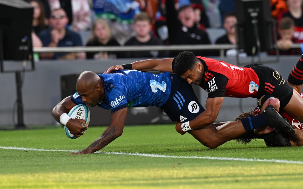 Mark Telea scores during the Blues v Crusaders, Super Rugby Pacific 2023 Season, Eden Park, Auckland, New Zealand. Saturday 18 March 2023. Eden Park, Auckland, New Zealand. © Photo: Andrew Cornaga / www.photosport.nz