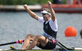 Mahe Drysdale celebrates winning gold in the Men's Single Sculls Olympic Rowing Final at London 2012 Olympics.