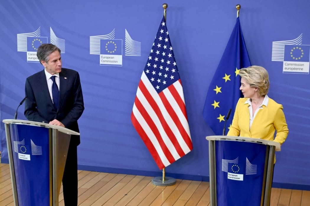 BRUSSELS, BELGIUM - MARCH 24: US Secretary of State Antony Blinken (L) meets European Commission President Ursula von der Leyen (R) in Brussels, Belgium on March 24, 2021.