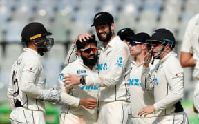 Ajaz Patel of New Zealand celebrating the wicket of Cheteshwar Pujara vice captain of India  during day one of the 2nd test match between India and New Zealand.