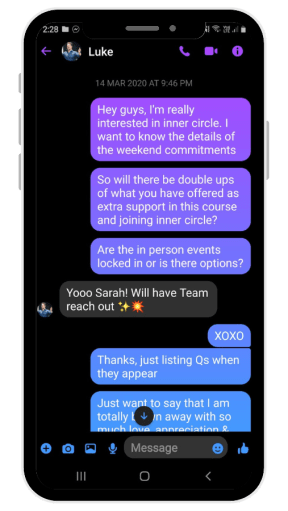 In March 2020, Sara decided to join Luke's "Inner Circle" program.