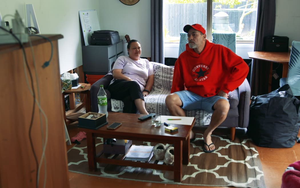Deidre Boyes and Brent Middleton have been living in a cabin since the flooding in their street on Auckland Anniversary weekend.