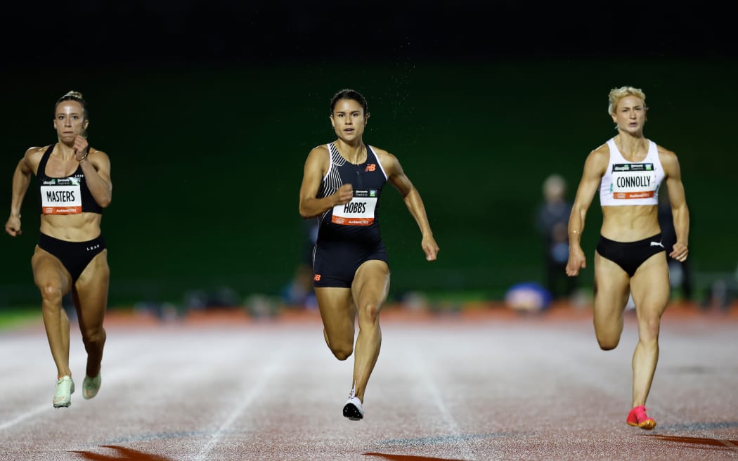 Zoe Hobbs of New Zealand during the 100m at the Sir Graeme Douglas International Athletic meet , Trusts Arena,  Auckland, New Zealand on Thursday 16 March 2023. Mandatory credit: Lynne Cameron / www.photosport.nz