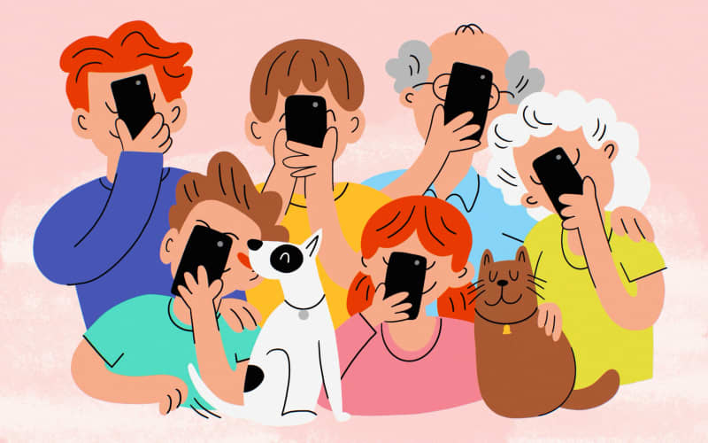 stylised illustration of a family all looking at phones