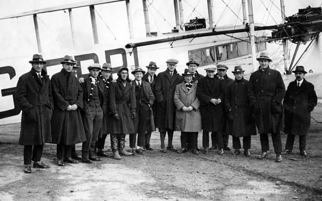 The New Zealand rugby team visits the Croydon Aerodrome before being given a flight over London. 1924.