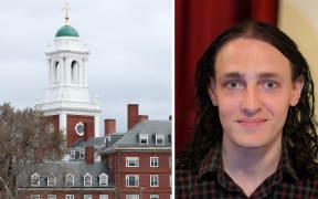 A composite image showing the Harvard University campus and a headshot of Matt Macdonald side by side. Matt wears a plaid shirt and smiles at the camera.