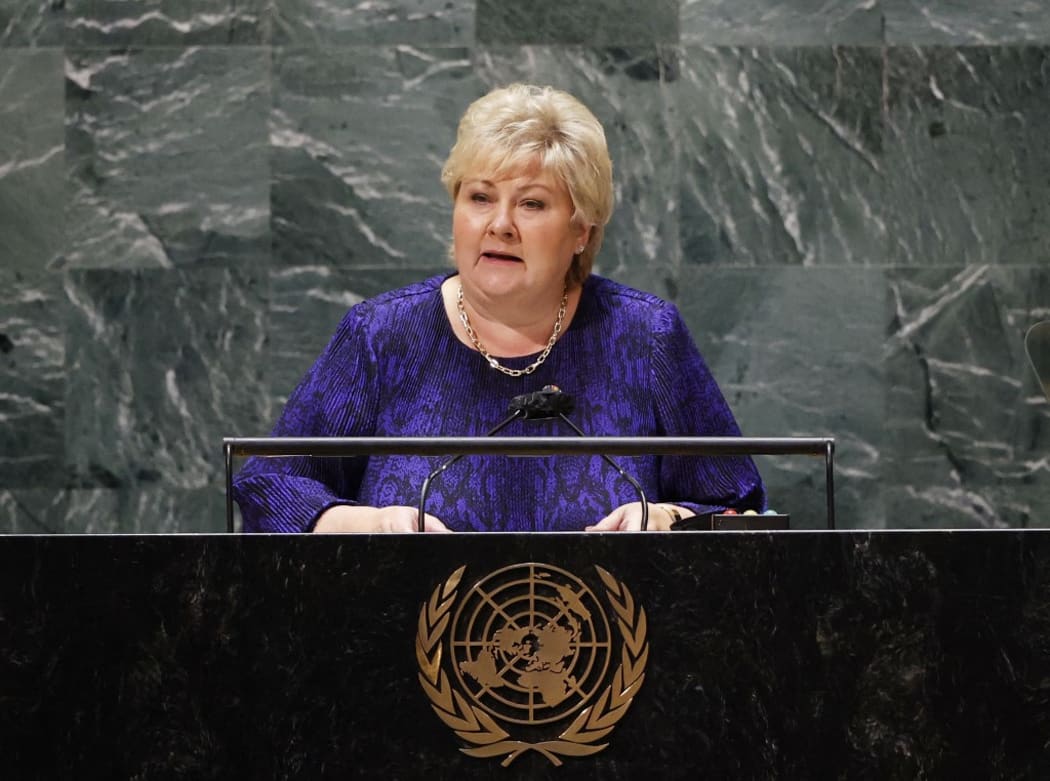 Prime Minister of Norway Erna Solberg speaks as part of the UN General Assembly 76th General Debate at United Nations Headquarters, on 20 September in New York.