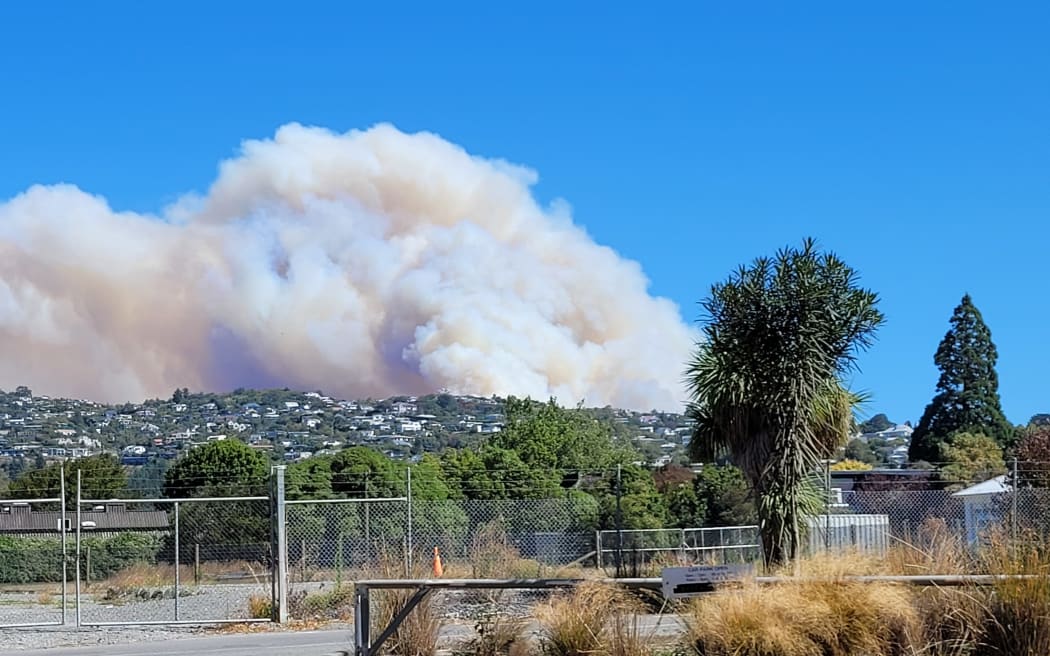 Smoke from the Port Hills fire seen from Colombo Street on 14 February 2024.