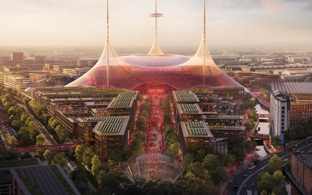 A handout image received from Manchester United of a proposed new 100,000-seat stadium, unveiled as part of the regeneration of the Old Trafford area.