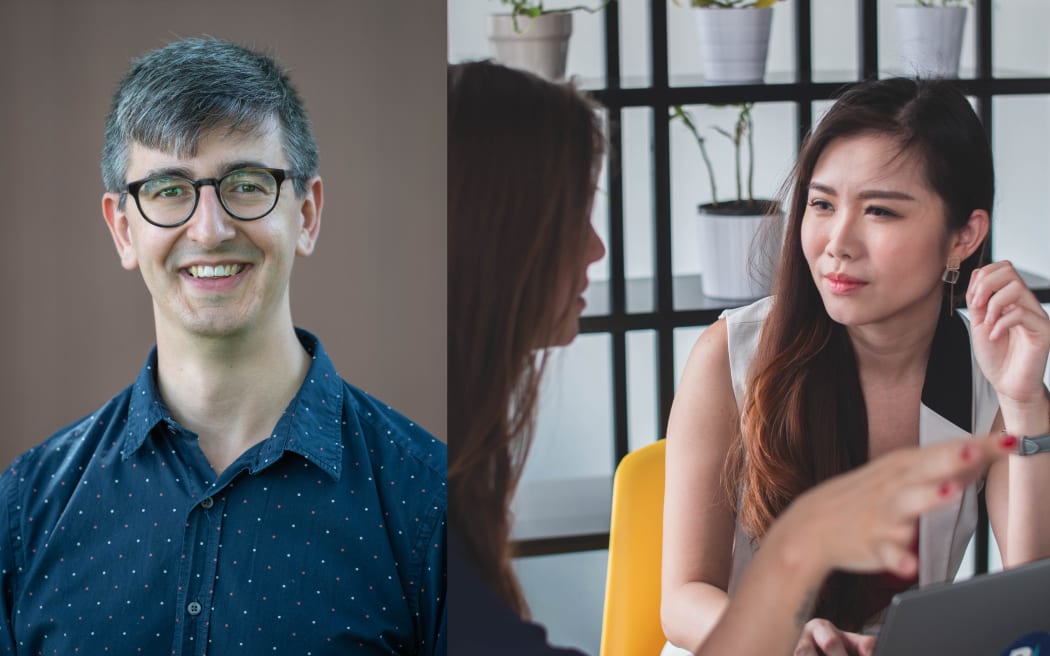 A composite image. On the left is a headshot of Adam Mastroianni, wearing a blue spotted shirt and glasses, smiling at the camera. On the right is a stock image showing two women in conversation.