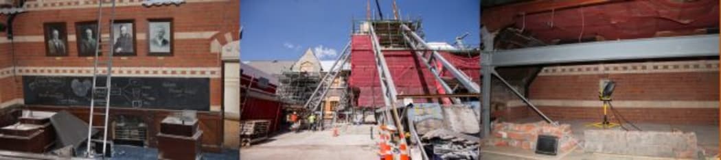 Three photos of Rutherford's Den post-quake before clean-up or any work began; the scale of the work on the Clock Tower building; and restoring Rutherford's Den