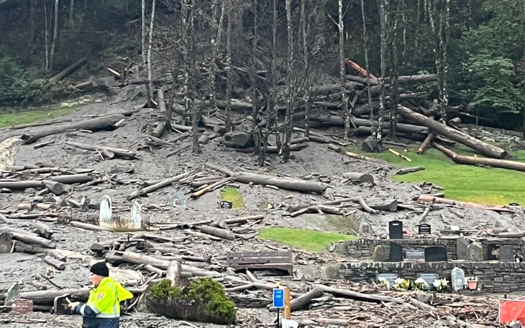 Slash and debris has come down from a forest behind Queenstown Primary School in the severe weather on 21 and 22 September 2023.