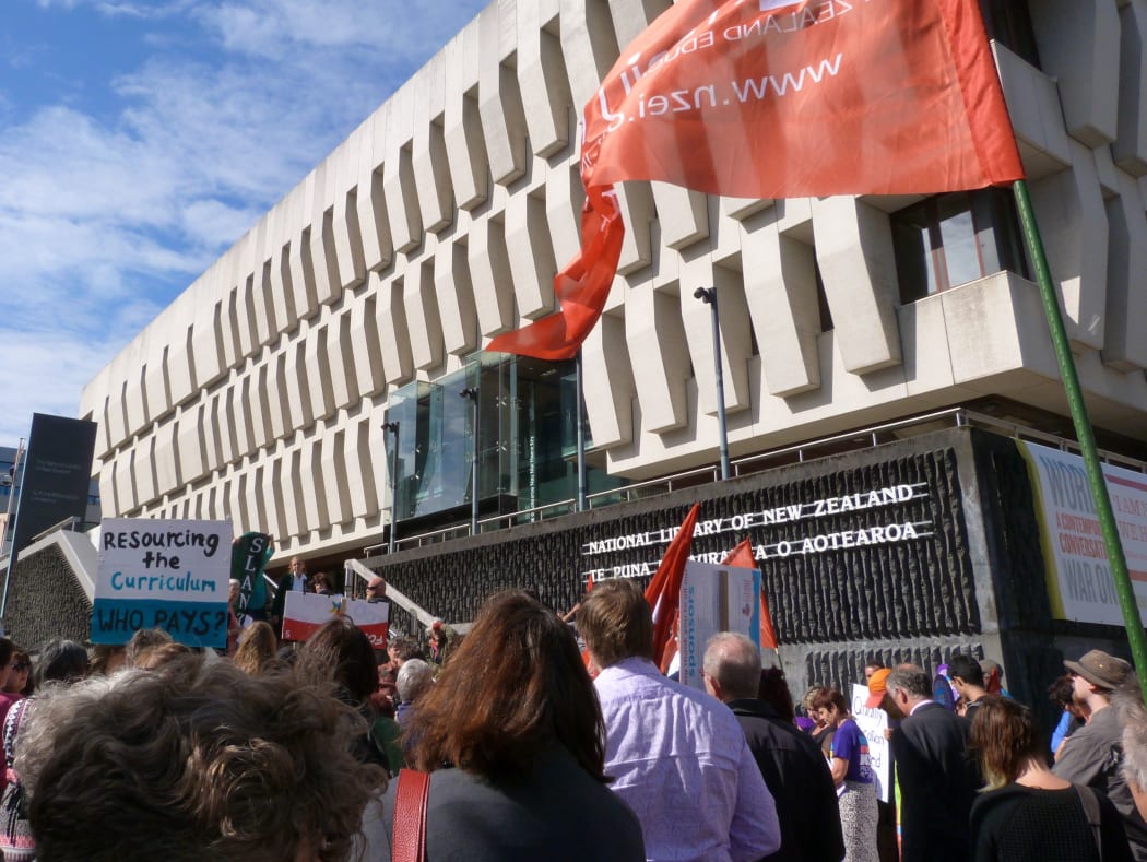 Protesters outside the National Library in Wellington on Thursday.