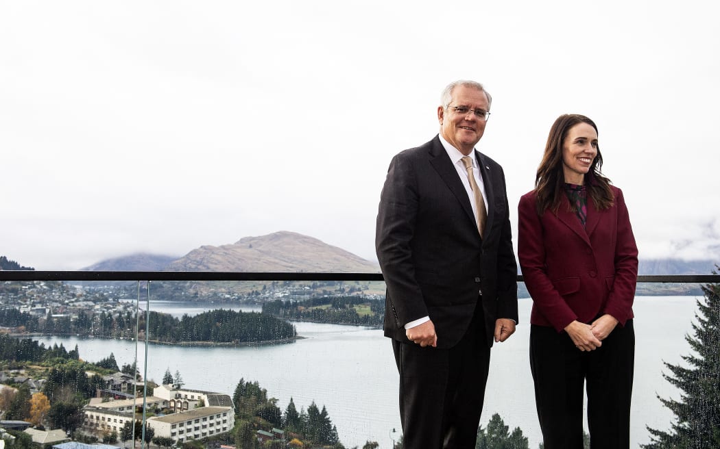 New Zealand Prime Minister Jacinda Ardern with Australia's Prime Minister Scott Morrison ahead of the Australia-New Zealand Leaders' Meeting in Queenstown on 31 May, 2021.