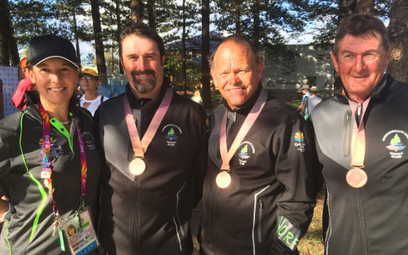 L-R Norfolk Island's Chef de mission, Ryan Dixon, Hadyn “Teddy” Evans and Phil Jones.