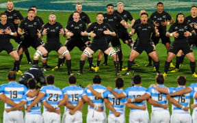 The All Blacks perform the Haka to Argentina, July, 2015.