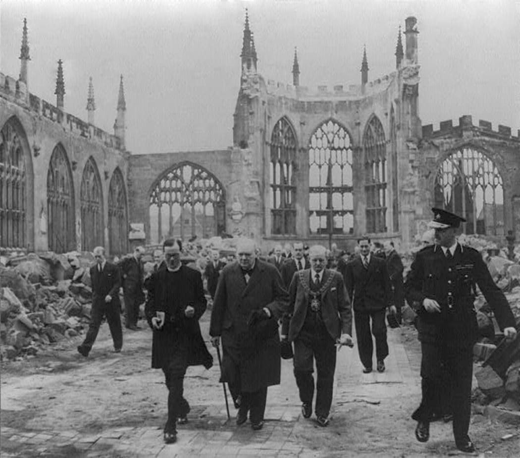 Churchill visits the ruins of Coventry Cathedral
