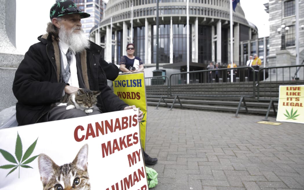 Members of Parliaments, lobists and supports gathered outside Parliament with petition to legalise cannabis, 17,000 people signed the petition. Gary Chiles with his cat Tiffany.