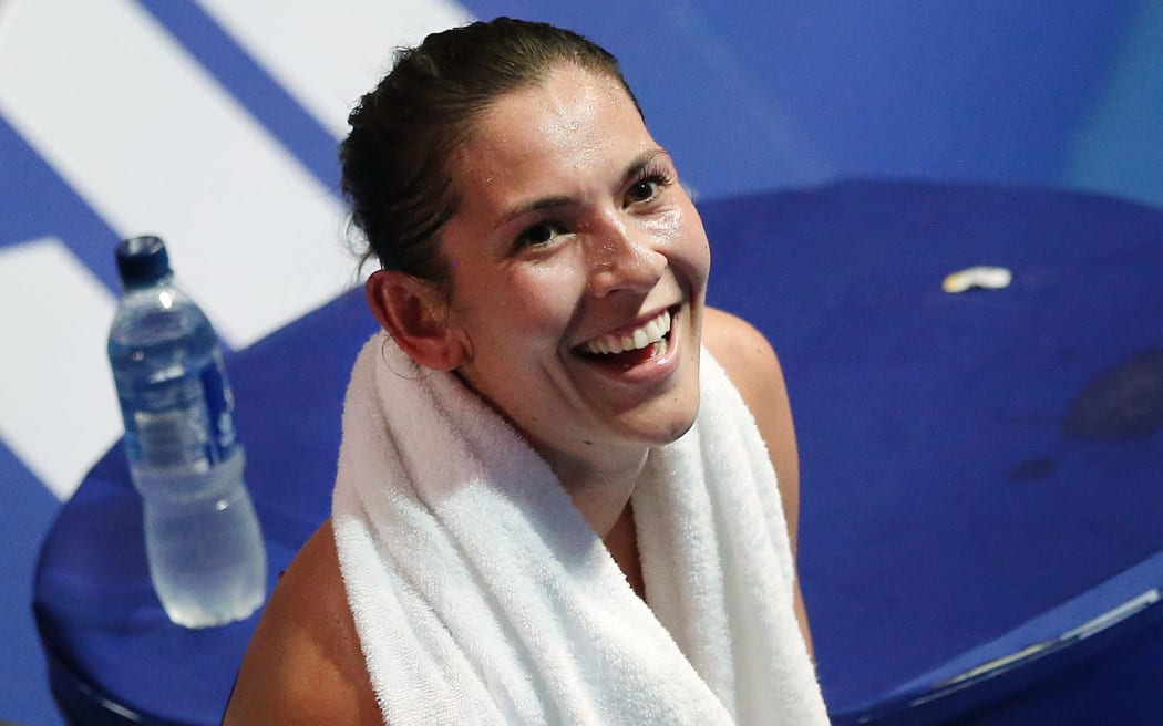Joelle King of New Zealand celebrates after winning the Womens Singles bronze medal match. Glasgow 2014 Commonwealth Games.