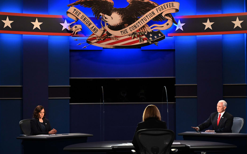 US Vice President Mike Pence speaks during the vice presidential debate with US Democratic vice presidential candidate Kamala Harris in Kingsbury Hall at the University of Utah on October 7, 2020, in Salt Lake City, Utah.