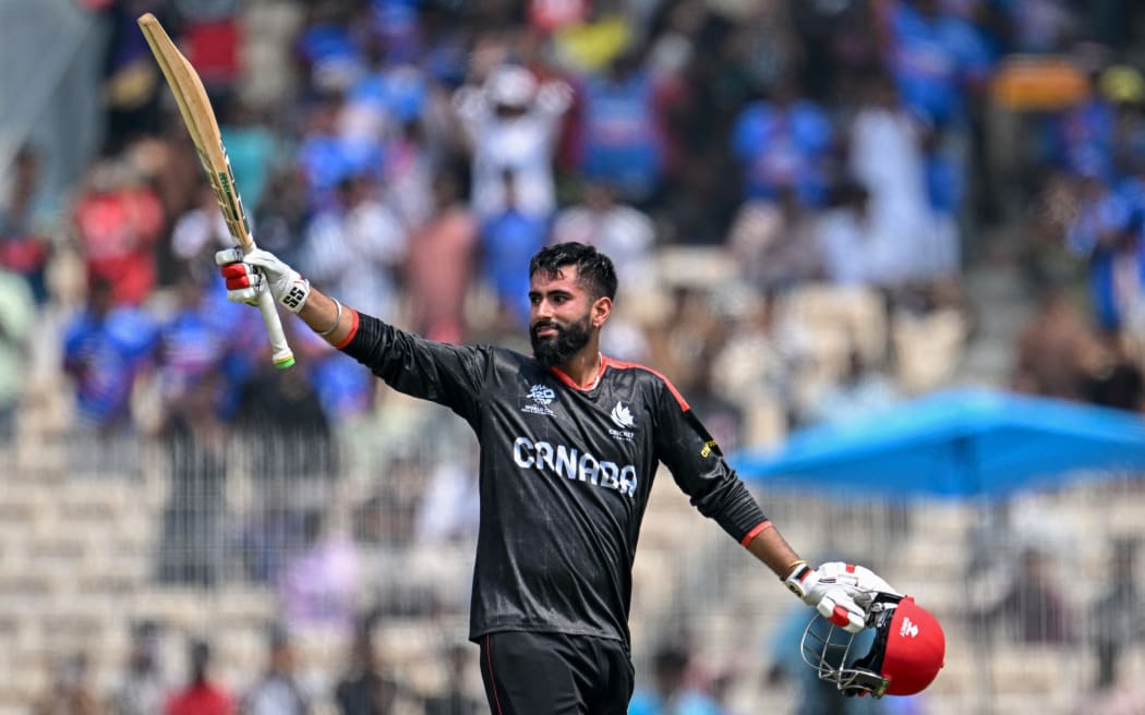 Canada's Yuvraj Samra celebrates after scoring a century against New Zealand at the 2026 T20 World Cup.