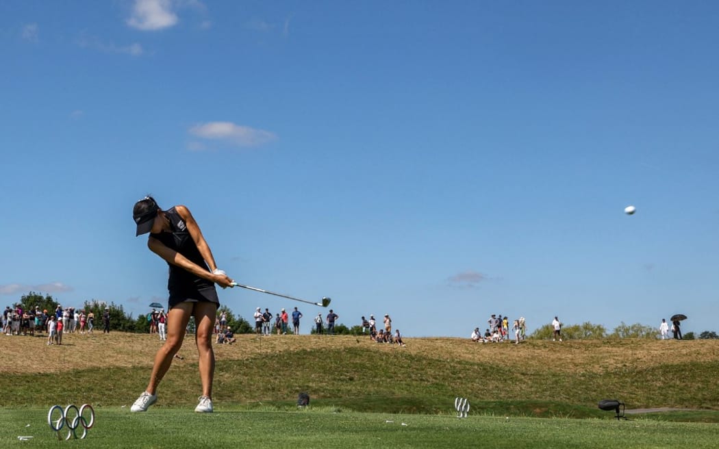 New Zealand's Lydia Ko competes during round 4 of the women’s golf individual stroke play of the Paris 2024 Olympic Games at Le Golf National in Guyancourt, south-west of Paris, on August 10, 2024. (Photo by Pierre-Philippe MARCOU / AFP)