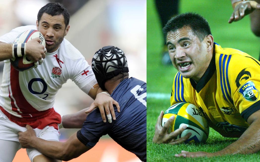 Rikki Flutey playing for England in 2008 and scoring for the hurricanes in 2003.
