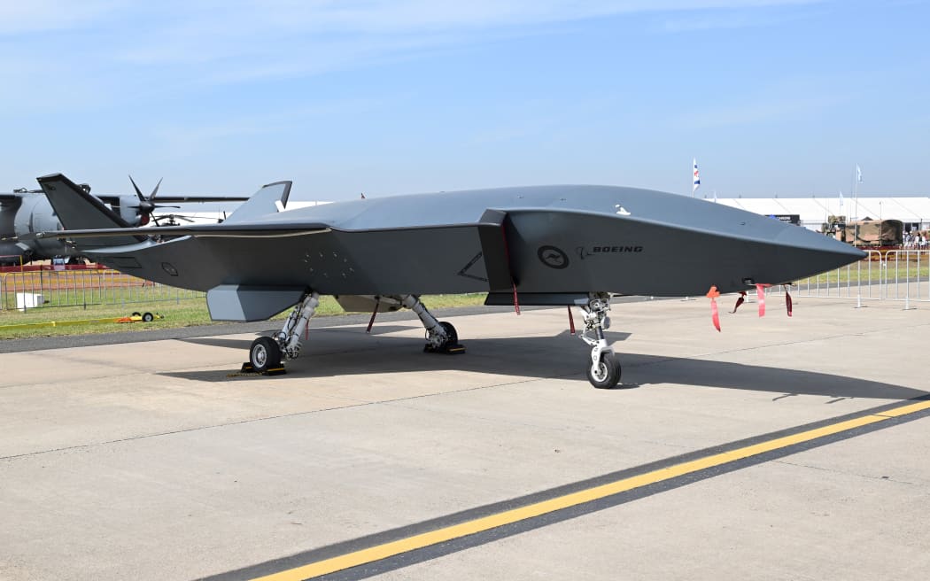 A Royal Australian Air Force (RAAF) Ghost Bat drone is displayed on the first public day of the Australian International Airshow at Avalon Airfield south-west of Melbourne on March 28, 2025. (Photo by Paul Crock / AFP)