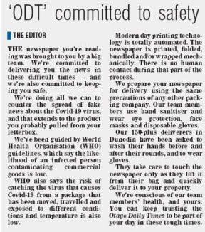 The Otago Daily Times' front page reassures readers over deliveries.
